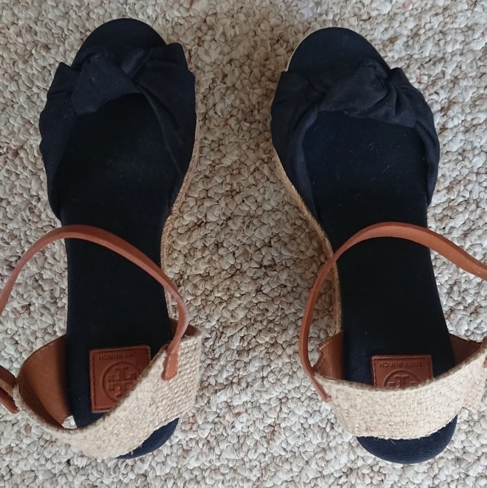 TORY BURCH Knotted Bow Wedge Espadrille Platform Sandal Black/NAVY/ Tan SIZE 6.5